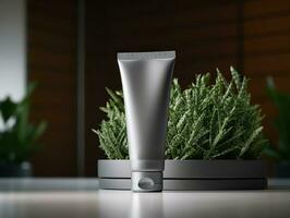 AI generated a face cream tube standing on top of a plant photo