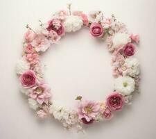 ai generado un marco cubierto en rosado y blanco flores foto