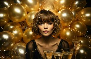 AI generated a girl in gold holding a gold champagne glass and balloons photo