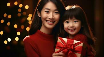 AI generated a girl holds a red present next to her mother photo
