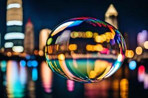 AI generated soap bubble in front of the city at night photo