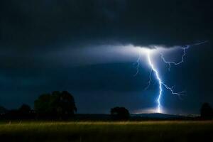 AI generated lightning strikes over a field in the dark photo