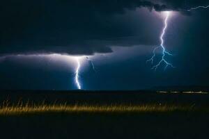 AI generated lightning strikes over a field in the dark photo