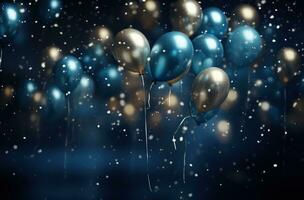 AI generated a beautiful celebration with light blue, silver and golden balloons photo