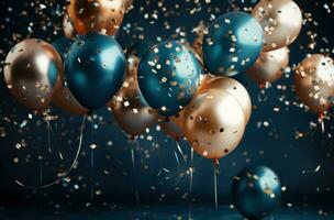 AI generated a beautiful celebration with light blue, silver and golden balloons photo