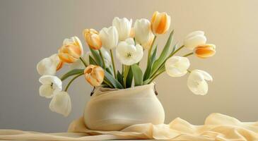 AI generated a basket of orange and white tulips on a stand photo