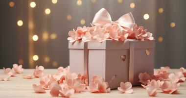 AI generated a big red flowery present box surrounded by hearts on a grey background photo