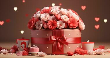 AI generated a big red flowery present box surrounded by hearts on a grey background photo