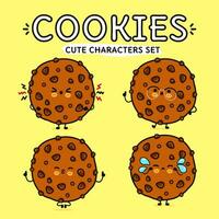 Funny cute happy Chocolate cookies characters bundle set. Vector hand drawn doodle style cartoon character. Isolated on yellow background. Chocolate cookies character collection