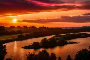 ai generado un hermosa puesta de sol terminado un río y colinas foto