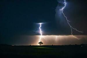 AI generated lightning strikes over a field with a tree in the background photo