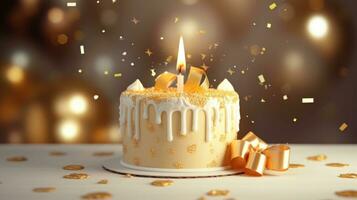 AI generated a golden birthday candle lit in the cake behind gifts photo