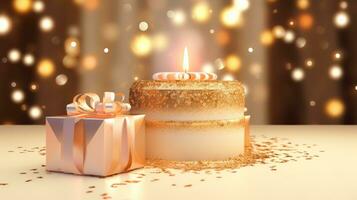 ai generado un dorado cumpleaños vela iluminado en el pastel detrás regalos foto