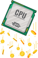 Computer CPU Chip and Golden Dollar Coins. png