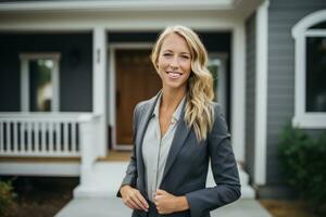 AI generated woman in business suit standing in front of house after signing a contract photo