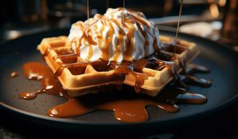 AI generated waffles on a black plate with whipped cream and caramel photo