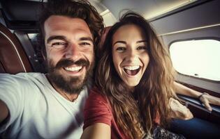 AI generated two people are seen in a plane riding with sunglasses and are smiling photo