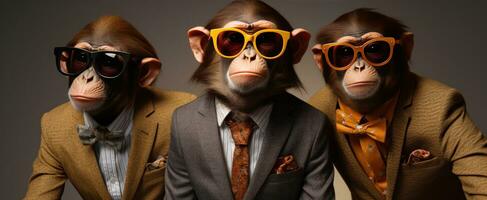 ai generado Tres monos en Gafas de sol son vestido arriba para un actuación foto