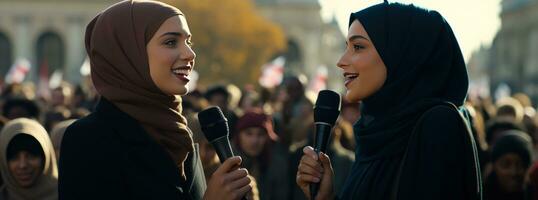 AI generated two ladies in hijab talking to the crowd photo
