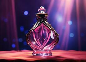 AI generated valentine day lilac perfume bottle with a purple background photo