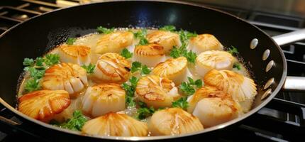 AI generated scallops with garlic sauce on a stove top photo