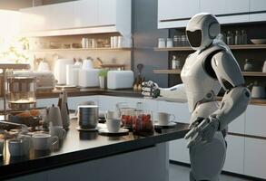 AI generated the first robots stand at the kitchen counter photo