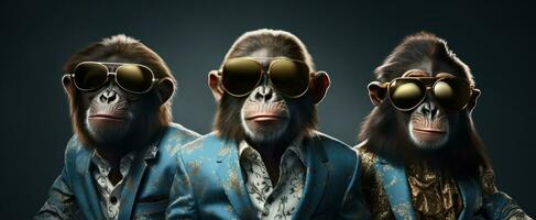 ai generado Tres monos en Gafas de sol son vestido arriba para un actuación foto