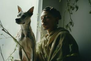 AI generated the man has a dog surrounded by twigs in front of a window, photo