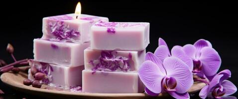 AI generated soaps with natural ingredients of opulent purple orchid flowers photo