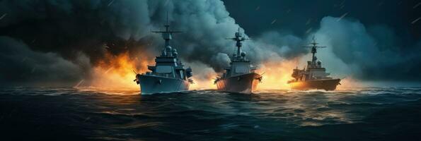 ai generado dos buques son en el mar militar fuego animación foto