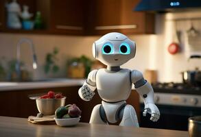 ai generado robert robot en pie en el cocina foto