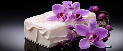 AI generated soaps with natural ingredients of opulent purple orchid flowers photo