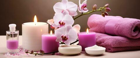 ai generado rosado orquideas, blanco jabón, velas en un mesa foto