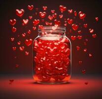 AI generated red hearts pouring from a clear jar on red background photo