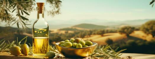 AI generated olive oil and fresh green olives on the green grass photo