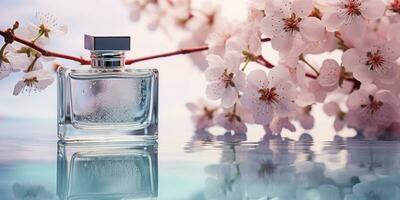 ai generado perfume botellas en el reflexión de Cereza flores rodeado foto