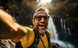 AI generated man takes selfie in front of waterfall photo