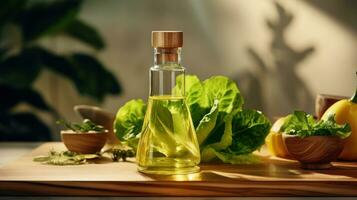 AI generated oil bottle on the counter next to lettuce photo