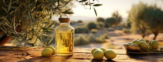 AI generated olive oil and fresh green olives on the green grass photo