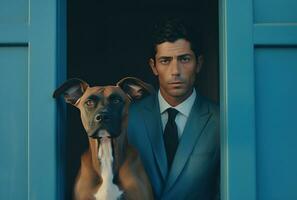 AI generated man in suit with dog in blue door photo