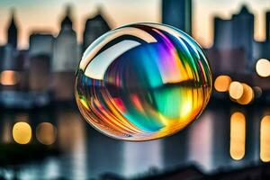 AI generated a colorful soap bubble in front of a city skyline photo