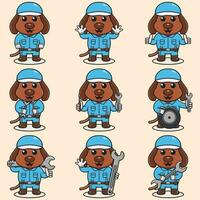 mascota dibujos animados de linda perro vistiendo mecánico uniforme y gorra. linda perro ilustración. personaje animal. mecánico dibujos animados colocar. vector ilustración en aislado antecedentes.