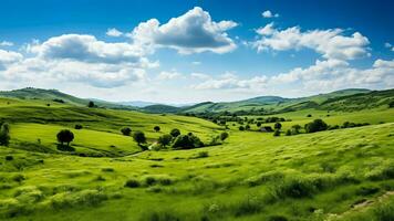 AI generated A scenic Irish landscape with green rolling hills and clovers in the foreground under a clear blue sky with empty space for text photo