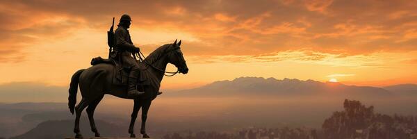 AI generated A bronze statue of George Washington on horseback in silhouette against a dawn or dusk sky background with empty space for text photo