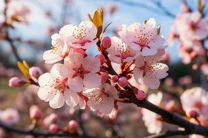 ai generado cerca arriba de temprano primavera flores tal como Cereza o almendra flores con un suave atención antecedentes reticente a el final de invierno foto