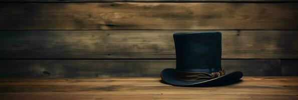 AI generated A single Abraham Lincolns stovepipe hat placed on a textured wooden surface background with empty space for text photo