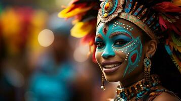 ai generado un vibrante y vistoso escena desde un carnaval desfile presentando bailarines en elaborar disfraces y mascaras con vacío espacio para texto foto