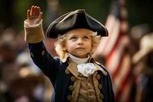 ai generado un niño en presidencial disfraz saludando bandera foto