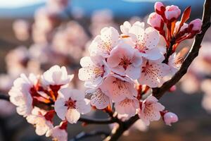 ai generado cerca arriba de temprano primavera flores tal como Cereza o almendra flores con un suave atención antecedentes reticente a el final de invierno foto