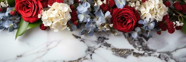 AI generated A wreath of red white and blue flowers on a solemn marble memorial background with empty space for text photo